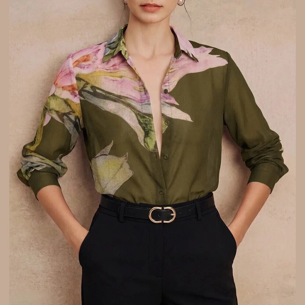 Olive Green Watercolor Floral Print Chiffon Long Sleeve Button Front Shirt
